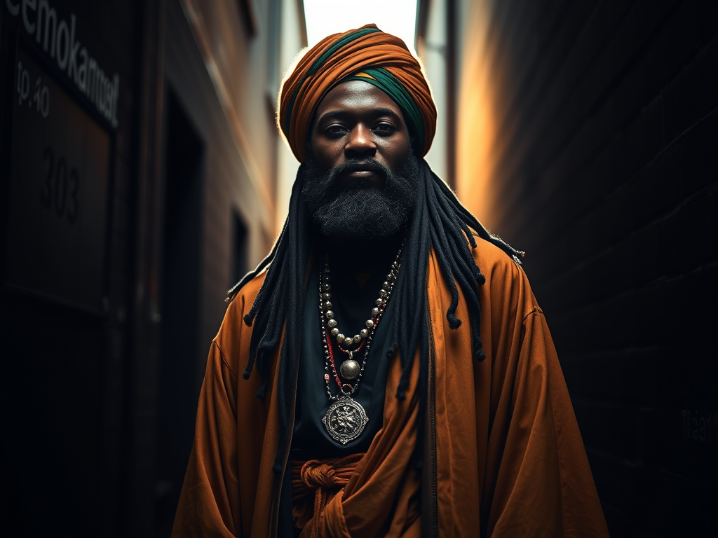 a black divine handsome rasta king wearing this holy wear with a turban A poetic silhouette of a figure walks through a shadowy alley. It is illuminated by heavenly light. This light symbolises strength, self-discovery, and connection to the Creator.