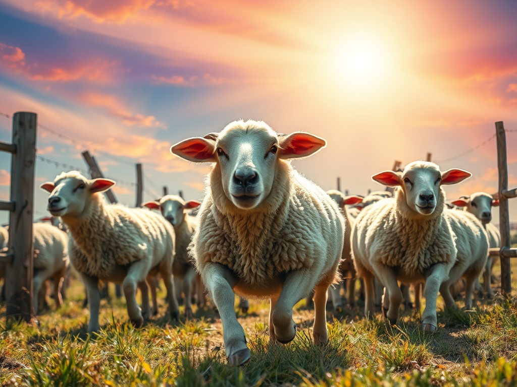 The Battle for Belief: A symbolic image of sheep breaking free from a fenced enclosure under a radiant sky.