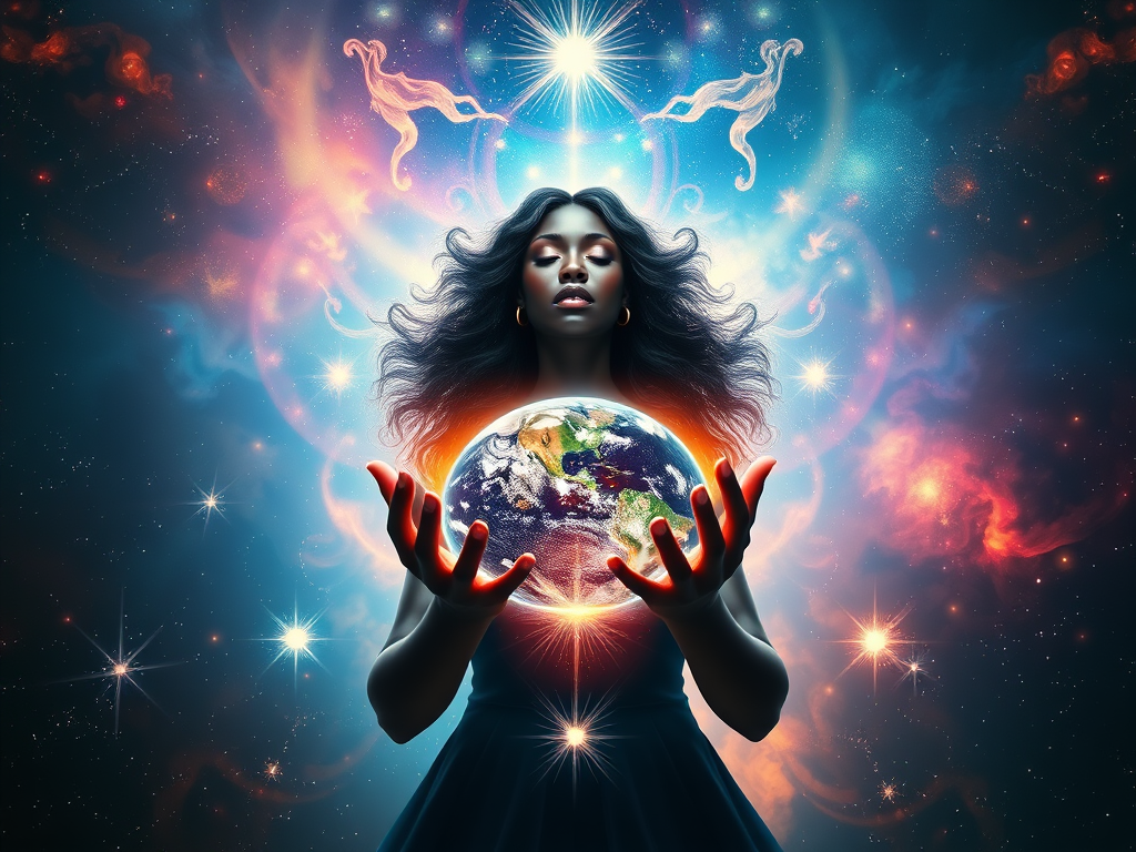 Truth of Creation: A cosmic scene showing the universe cradled in the hands of a divine feminine figure.