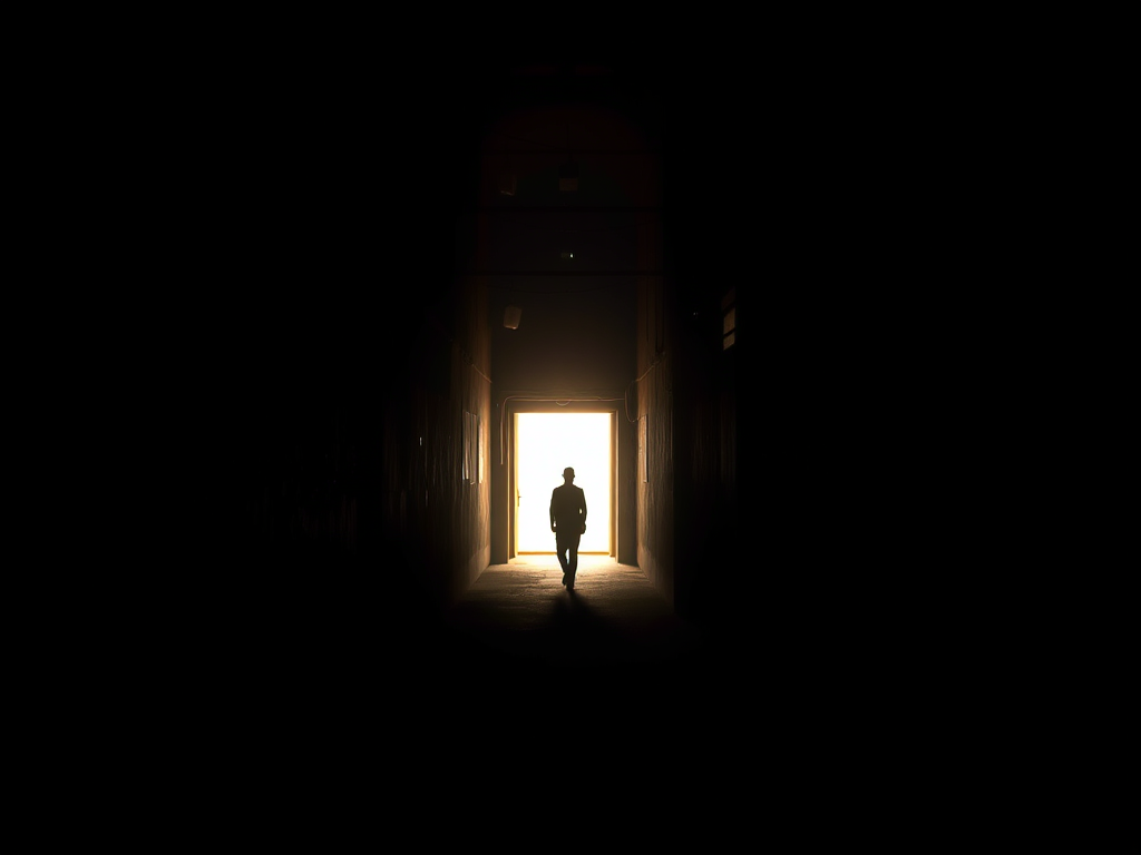Walking Through the Shadows: A dimly lit alley with a single figure walking toward the light.