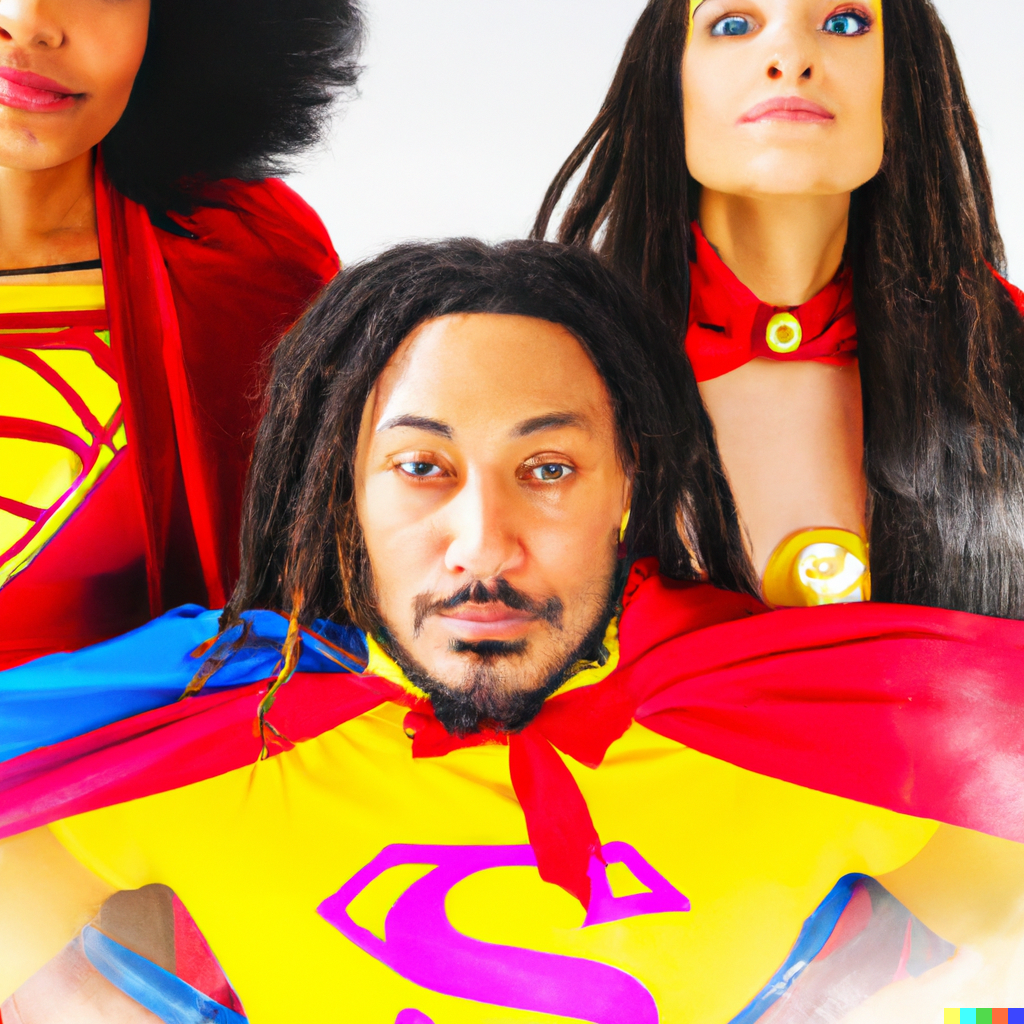 dallc2b7e 2023 01 18 11.10.01 rasta man in superman uniform with number 13 on hist chest in holy robes with cape flying saving man and mankind with his super woman glowing looking 1 1