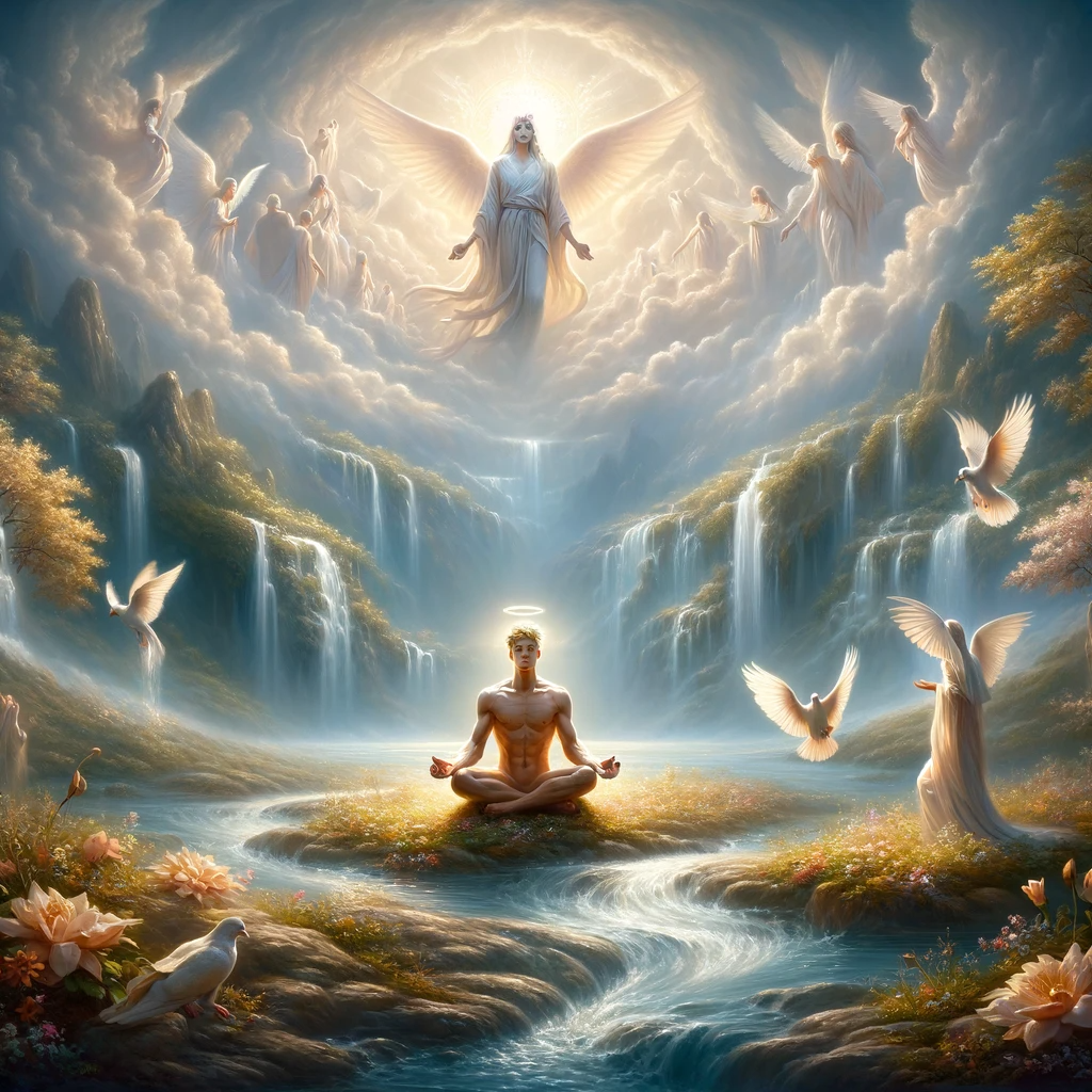 dallc2b7e 2024 01 31 11.36.12 a serene and divine landscape under the watchful gaze of elohim symbolizing the culmination of the true mans journey. the scene is bathed in a gentl