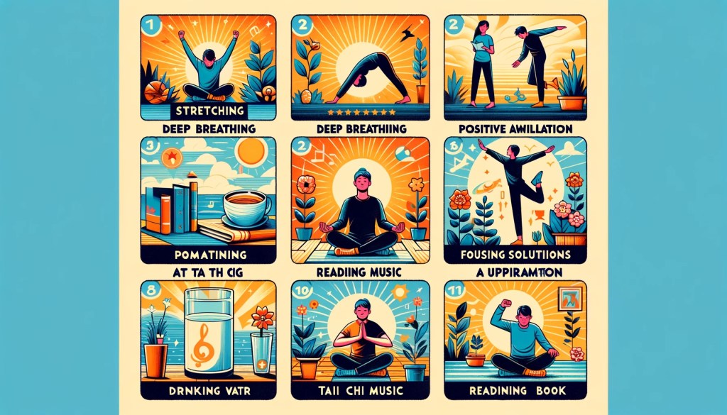 dallc2b7e 2024 02 21 09.09.18 create an image that visually represents a 10 step morning routine for better wellbeing. the image should include symbols or scenes depicting stretchi