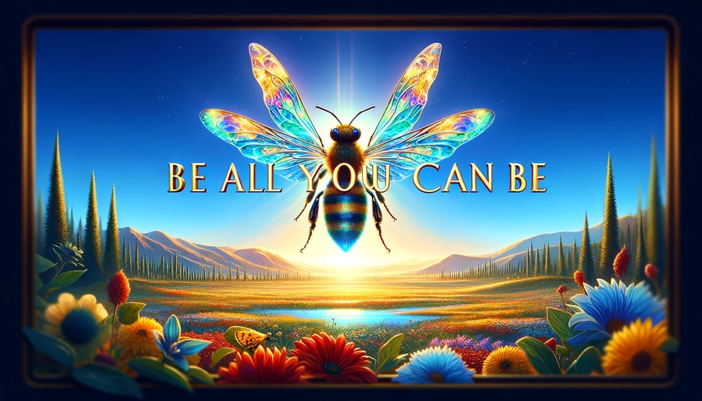 dallc2b7e 2024 02 28 16.49.41 design a youtube thumbnail featuring a grand and inspiring landscape with a clear blue sky. in the center a majestic bee with vibrant translucent wi 1