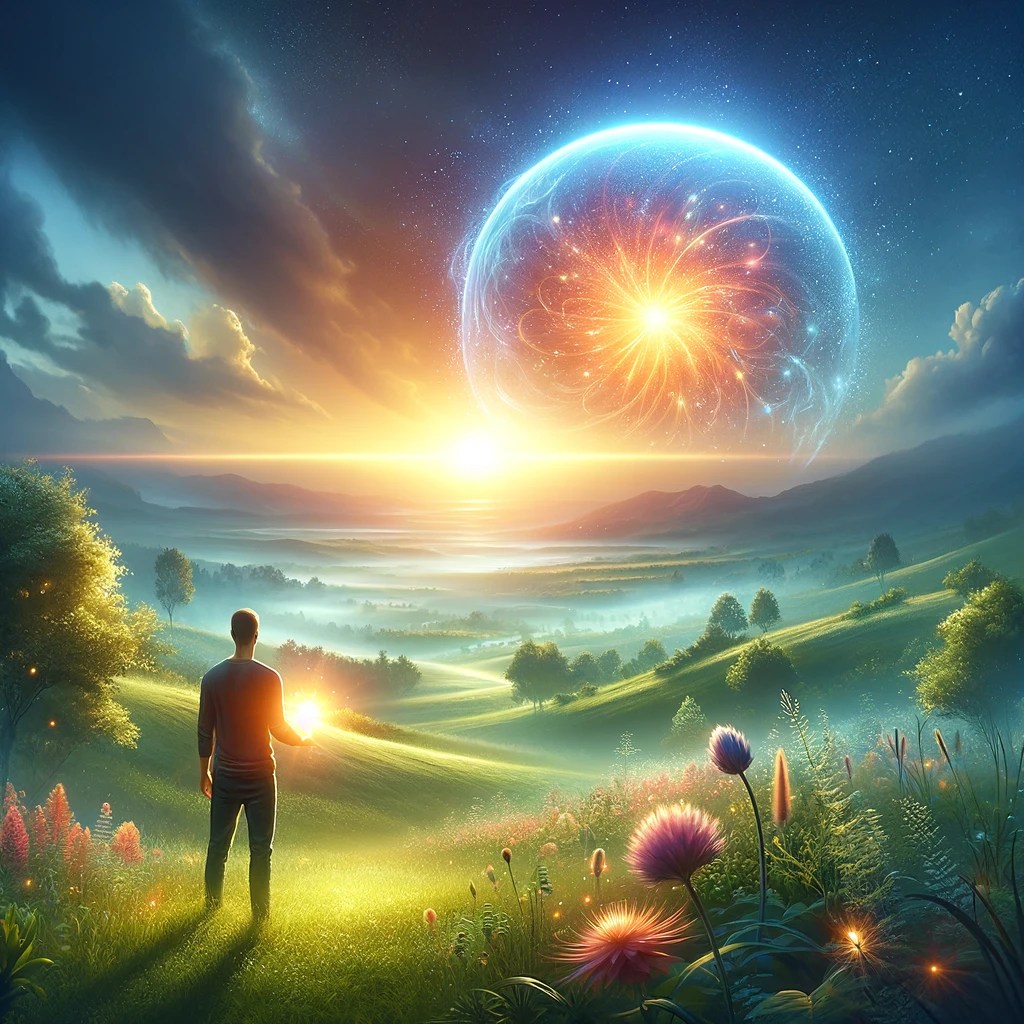 dallc2b7e 2024 03 01 16.22.30 create an image that visually represents the concept of positive thinking shaping reality. the image should feature a person standing in a serene and