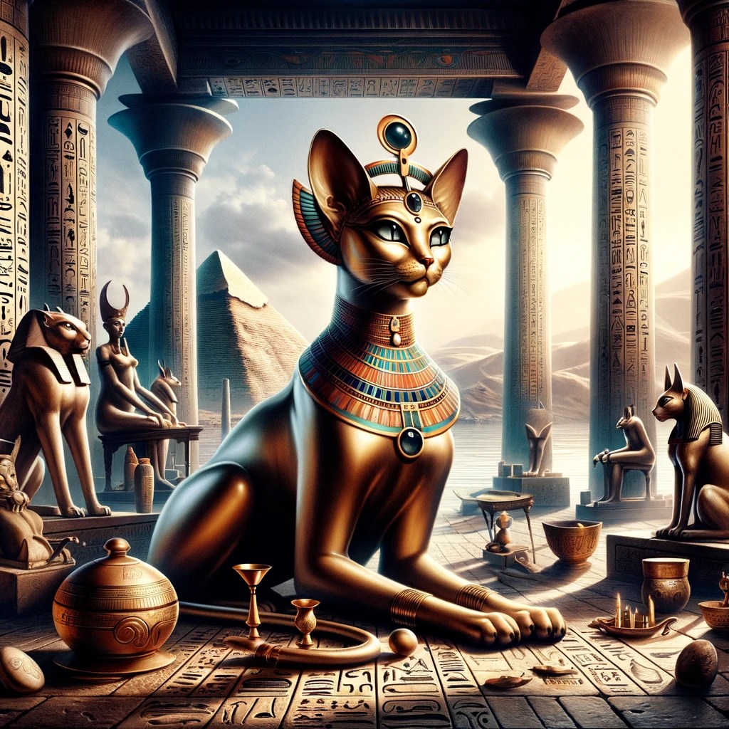 dallc2b7e 2024 03 29 16.54.24 a depiction of the goddess bastet in her iconic cat form elegantly seated and surrounded by ancient egyptian iconography such as hieroglyphs pyramid