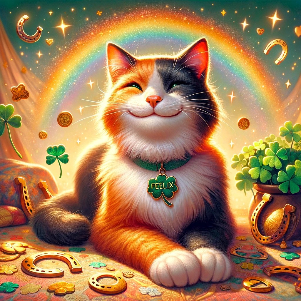 dallc2b7e 2024 03 29 16.54.32 a joyful and vibrant image of a cat named felix symbolizing luck and happiness. felix is depicted with a playful and content expression sitting