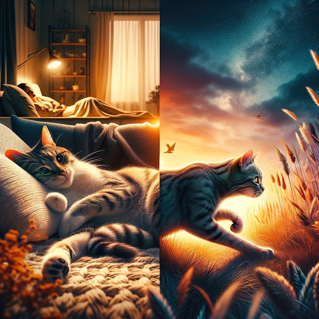 dallc2b7e 2024 03 29 16.54.46 a split screen style image that portrays the dual nature of cats as both gentle companions and adept hunters. on one side a cozy domestic scene where