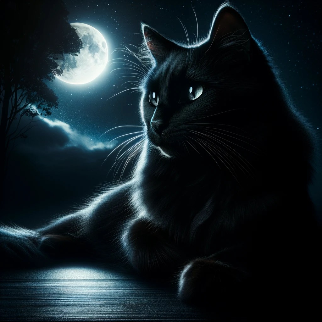dallc2b7e 2024 03 29 16.55.17 a majestic black cat set against a night sky highlighting its sleek dark fur and the way it blends seamlessly into the shadows. the cats eyes glimm