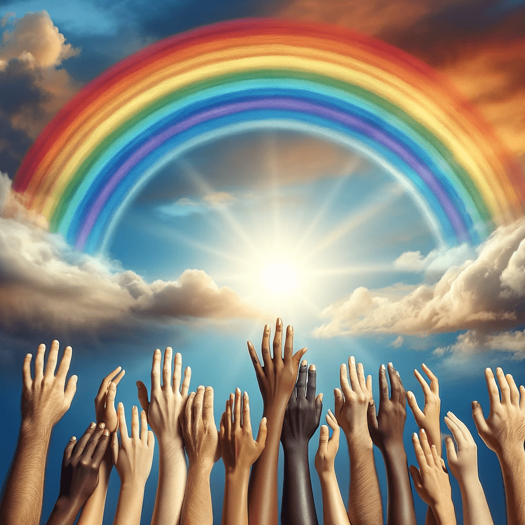 dallc2b7e 2024 03 29 16.55.51 a hopeful and unifying image depicting diverse hands reaching towards a beautiful rainbow in the sky symbolizing unity hope and the universal allur