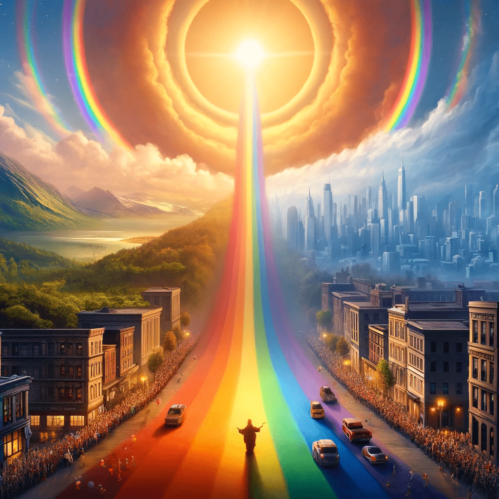 dallc2b7e 2024 03 29 16.55.57 a symbolic image that creatively blends the traditional spiritual symbolism of rainbows with their modern association with lgbtq pride. the scene fea