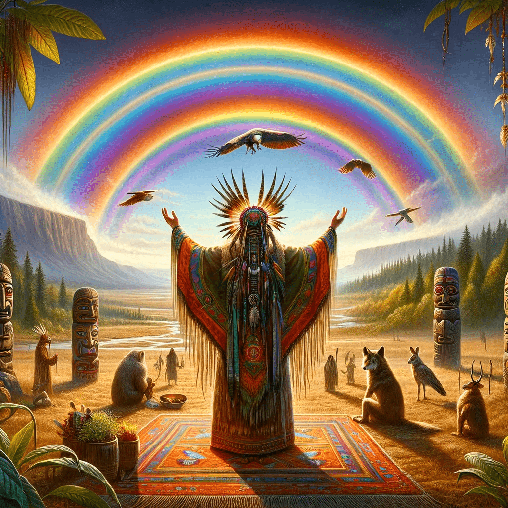 dallc2b7e 2024 03 29 16.56.02 a shaman or indigenous figure in traditional attire standing before a majestic rainbow that arches across a wide open landscape. the shaman is perfor