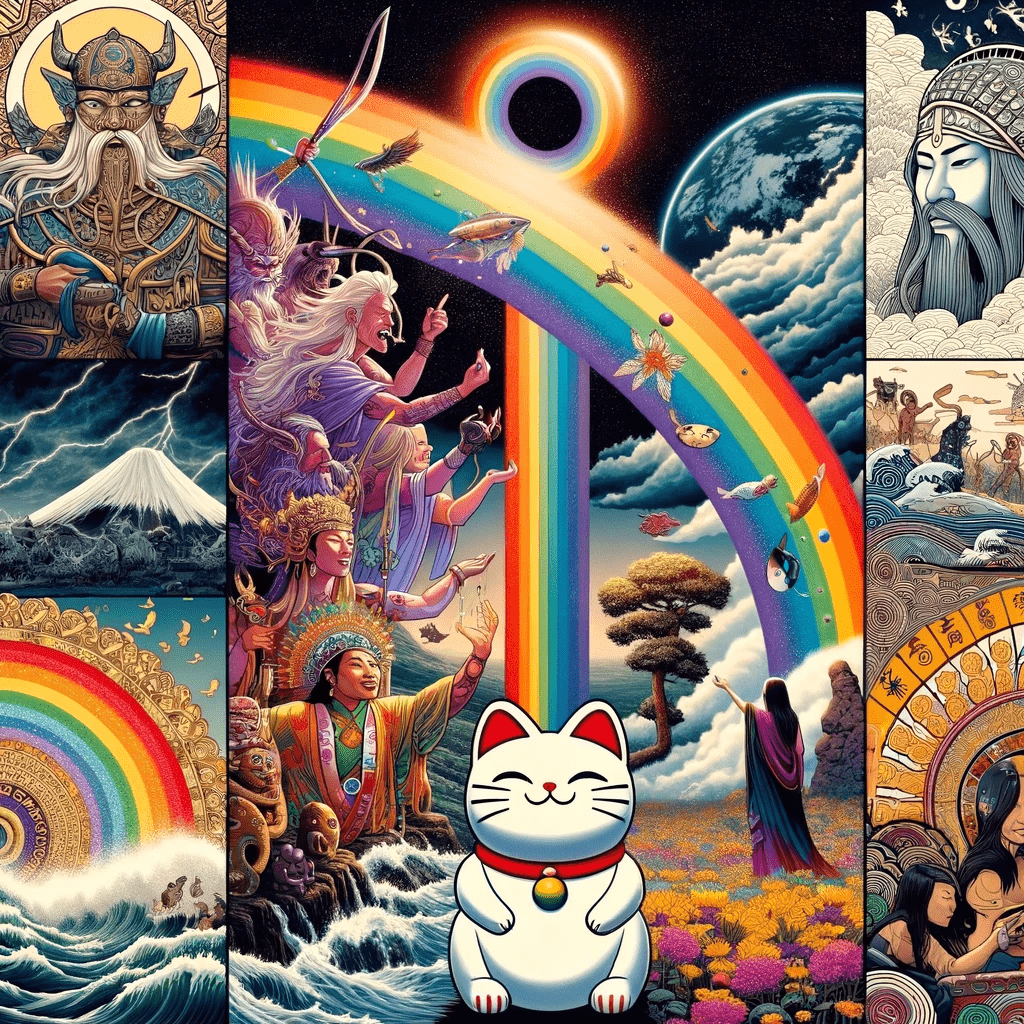 dallc2b7e 2024 03 29 16.56.12 a collage showcasing various cultural interpretations of rainbows from around the world blending elements of norse mythology japanese folklore and