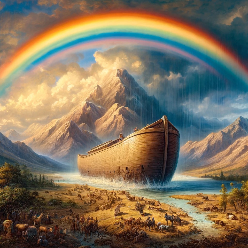dallc2b7e 2024 03 29 16.56.18 an artistic depiction of noahs ark resting on a mountain after the flood with a magnificent rainbow stretching across the sky as a symbol of gods p