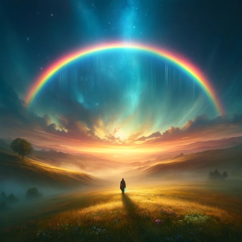 dallc2b7e 2024 03 29 16.56.23 a serene landscape at dusk with a vibrant rainbow arching gracefully across the sky connecting the earth to the heavens. in the foreground a solita