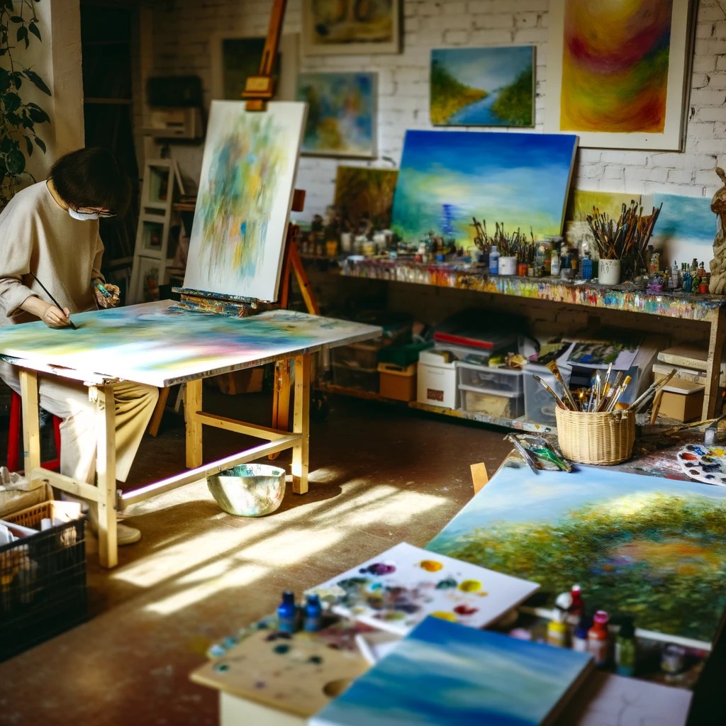 10 Things to Do on a Serene Sunday 11 dallc2b7e 2024 03 31 12.55.27 a tranquil art studio filled with creative energy where a person is deeply engaged in painting on a canvas. the studio is bathed in soft natural lig