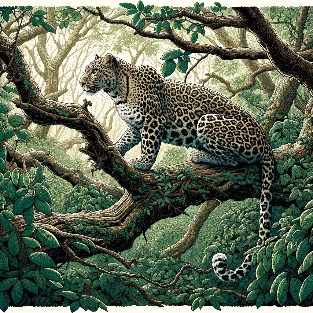 Majestic Whiskers: A Global Journey Through the Habitats of the World's Big Cats 15 dallc2b7e 2024 04 15 09.26.19 a detailed illustration of a leopard in a dense african forest camouflaged among thick foliage and tree branches. the leopard stealthy and muscular