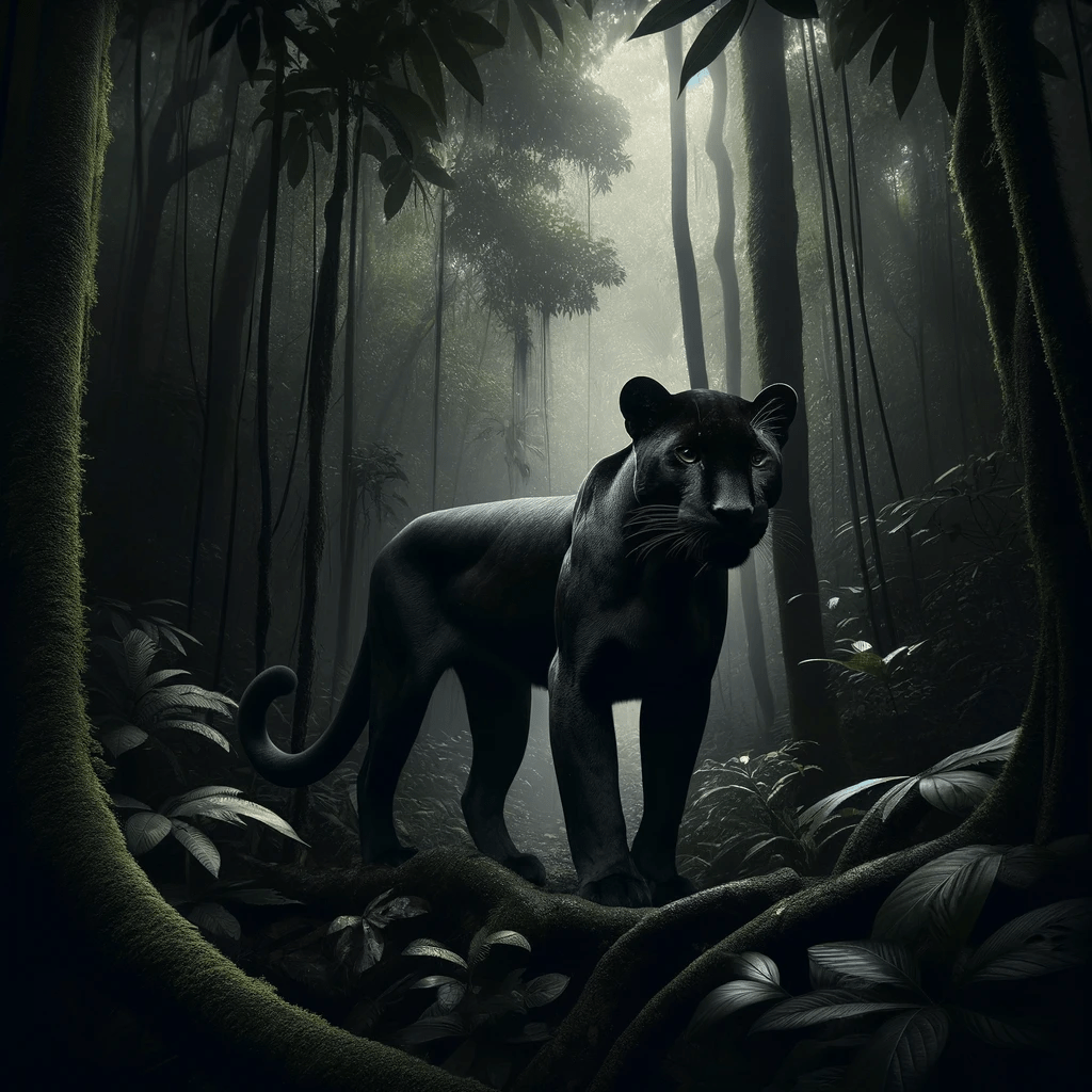 Majestic Whiskers: A Global Journey Through the Habitats of the World's Big Cats 126 dallc2b7e 2024 04 15 22.51.18 realistic depiction of a melanistic panther showcasing a sleek glossy black coat in a dense shadowed rainforest. this panther should be well camouf