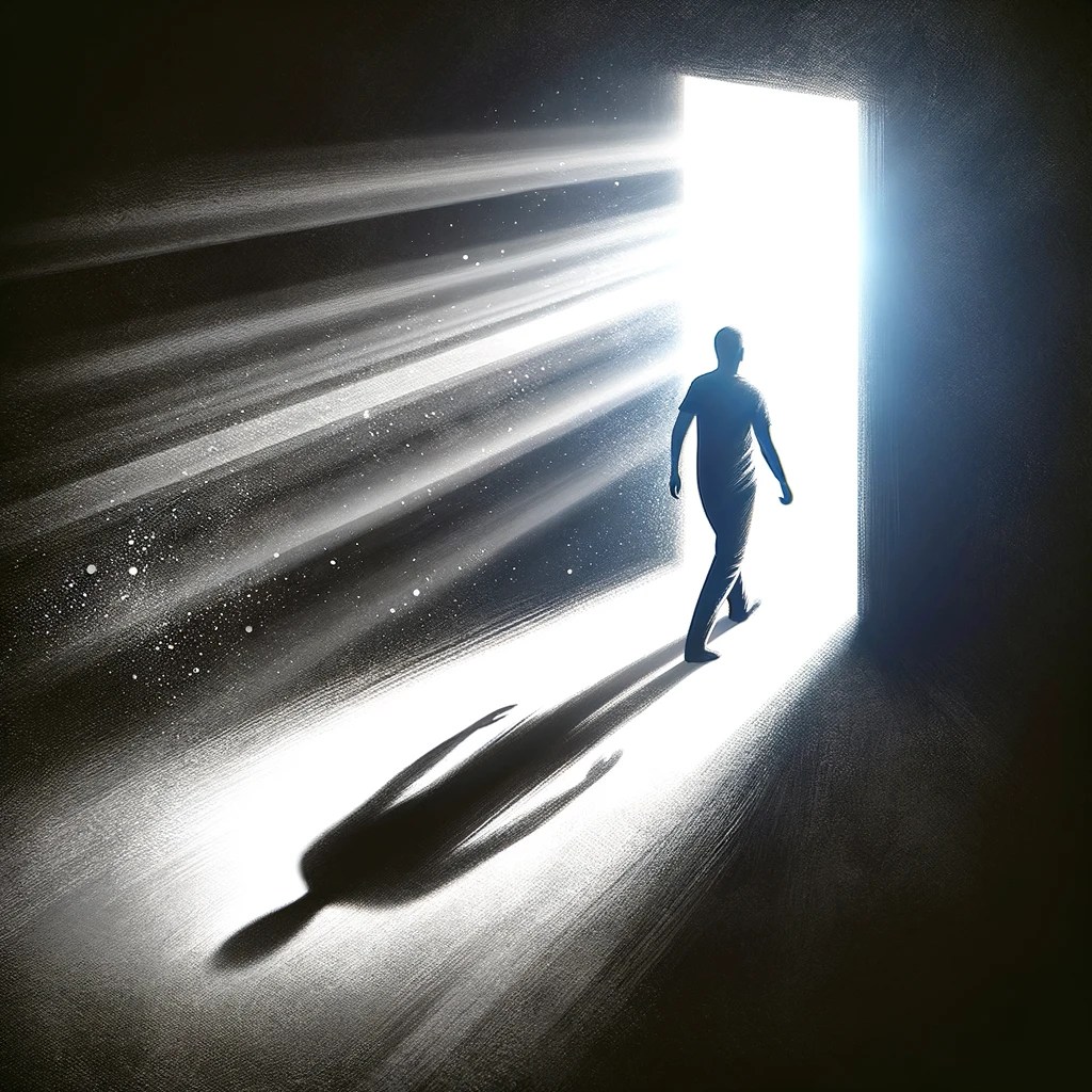 Conquering Your Inner Demons: A Journey Towards Self-Mastery and Inner Peace 1 dallc2b7e 2024 04 17 11.01.36 an artistic representation of a person standing at the edge of a shadow stepping into a beam of light symbolizing moving from darkness into light r
