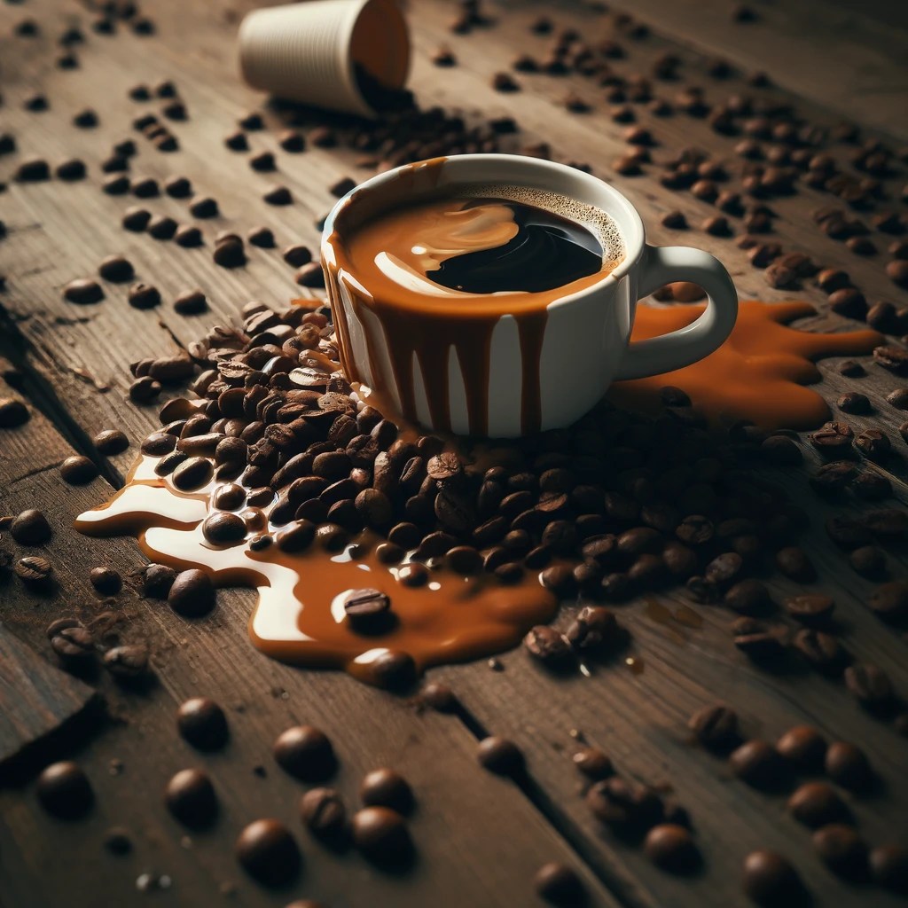 Conquering Your Inner Demons: A Journey Towards Self-Mastery and Inner Peace 2 dallc2b7e 2024 04 17 11.02.01 a spilled cup of coffee with beans scattered around on a wooden table symbolizing chaos and the need to control or limit consumption. the image shoul