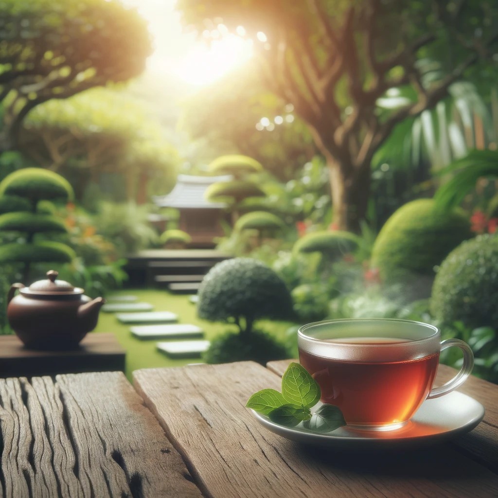 Conquering Your Inner Demons: A Journey Towards Self-Mastery and Inner Peace 4 dallc2b7e 2024 04 17 11.05.59 a serene setting with a cup of tea on a wooden table surrounded by a peaceful garden. the image should convey both the calming effect of tea and the