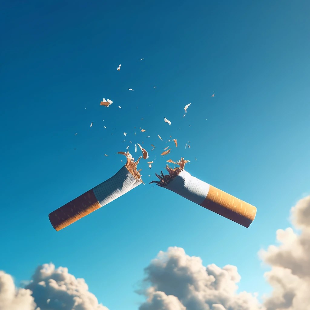 Conquering Your Inner Demons: A Journey Towards Self-Mastery and Inner Peace 5 dallc2b7e 2024 04 17 11.06.08 a broken cigarette on a background of a clear blue sky symbolizing the end of smoking and the beginning of breathing fresh air. the image should evok