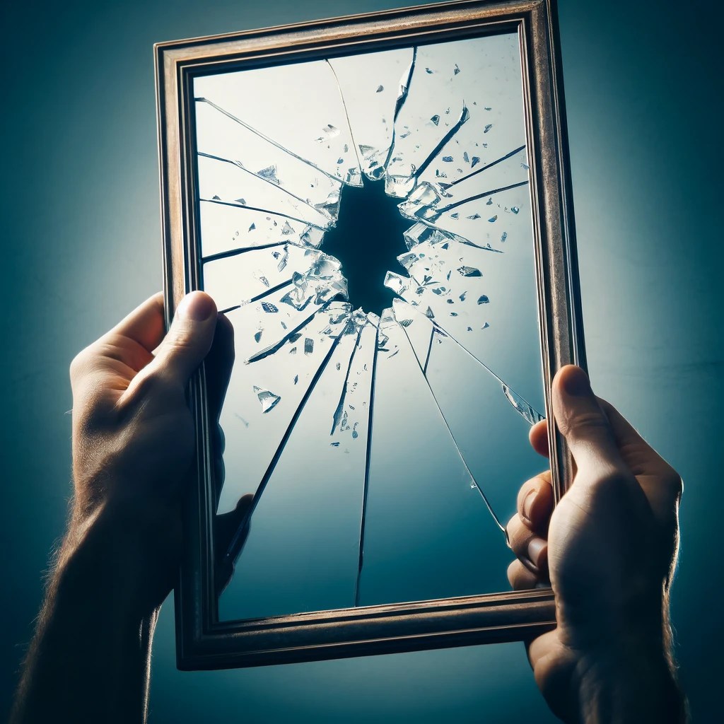Conquering Your Inner Demons: A Journey Towards Self-Mastery and Inner Peace 8 dallc2b7e 2024 04 17 11.08.02 a mirror showing a reflection thats breaking apart symbolizing self honesty and the breaking of illusions in the theme of lying to oneself and other
