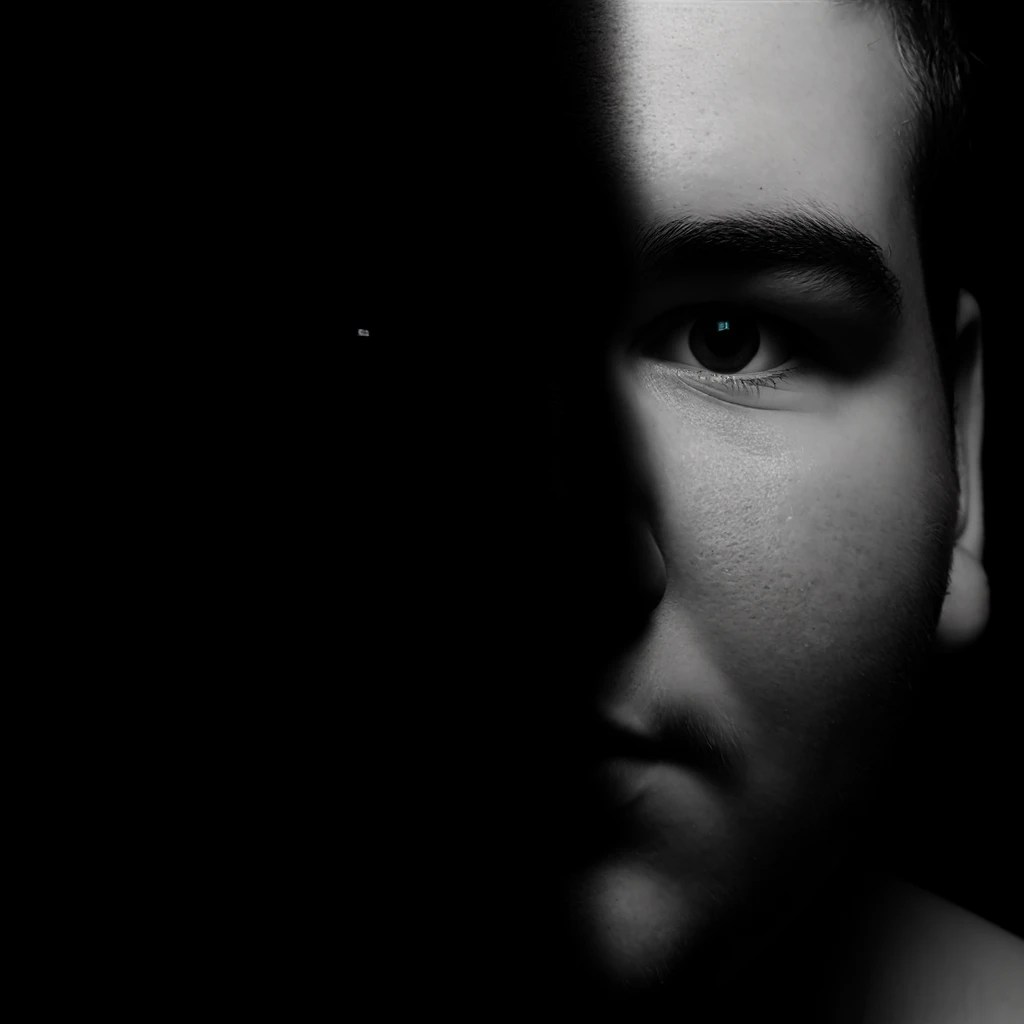 Conquering Your Inner Demons: A Journey Towards Self-Mastery and Inner Peace 10 dallc2b7e 2024 04 17 11.08.28 a half shadowed face illustrating the struggle between ones true self and the facade one might present to others. the image should focus on the dram