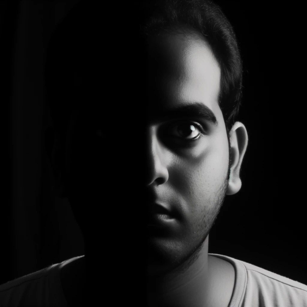 Conquering Your Inner Demons: A Journey Towards Self-Mastery and Inner Peace 9 dallc2b7e 2024 04 17 11.08.33 a half shadowed face illustrating the struggle between ones true self and the facade one might present to others. the image should focus on the dram