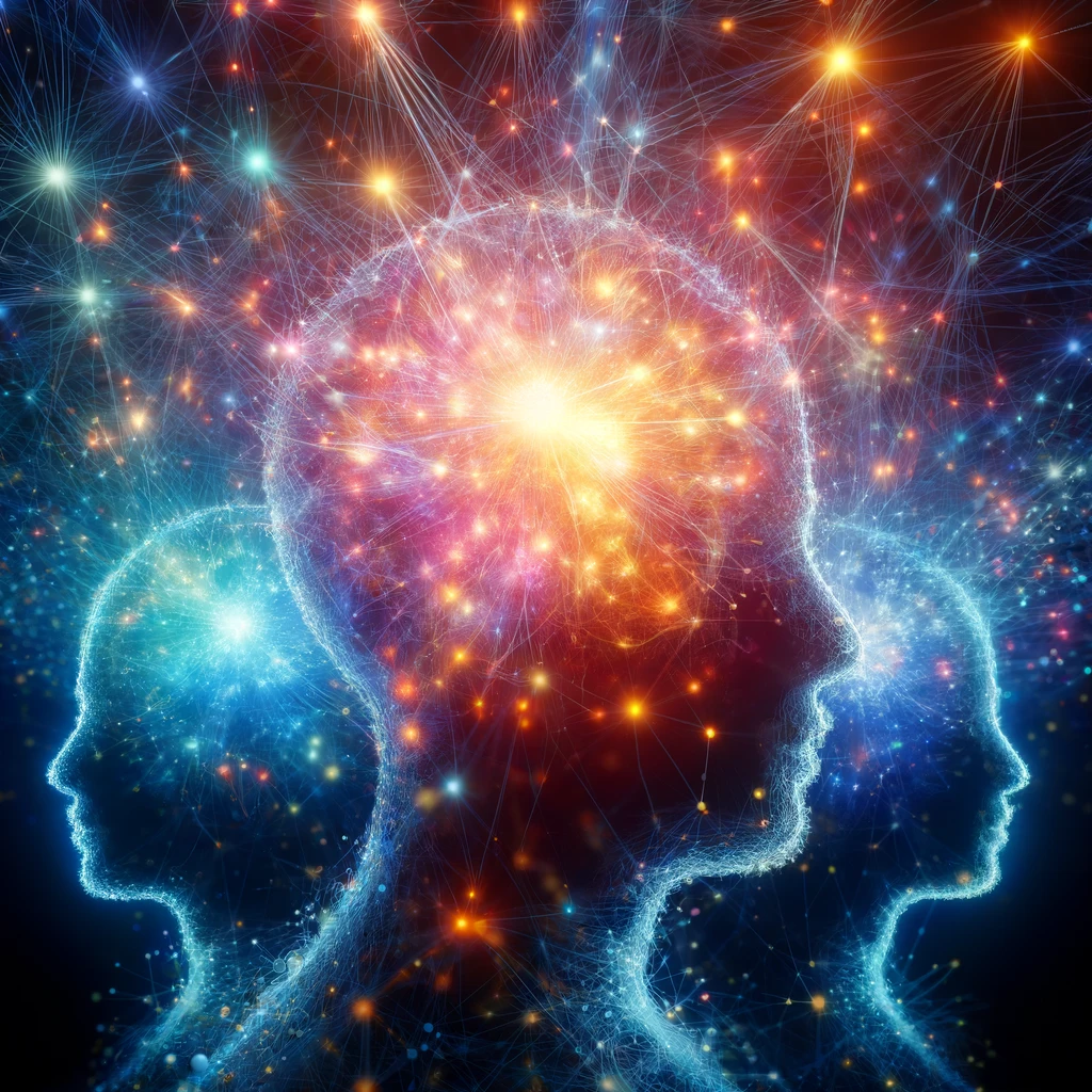 Beyond Perception: Unleashing Your Inner Power and Redefining Reality 1 dallc2b7e 2024 04 26 09.31.14 an abstract and artistic depiction of interconnected human minds visualized as a network of glowing neural connections spanning across silhouetted he
