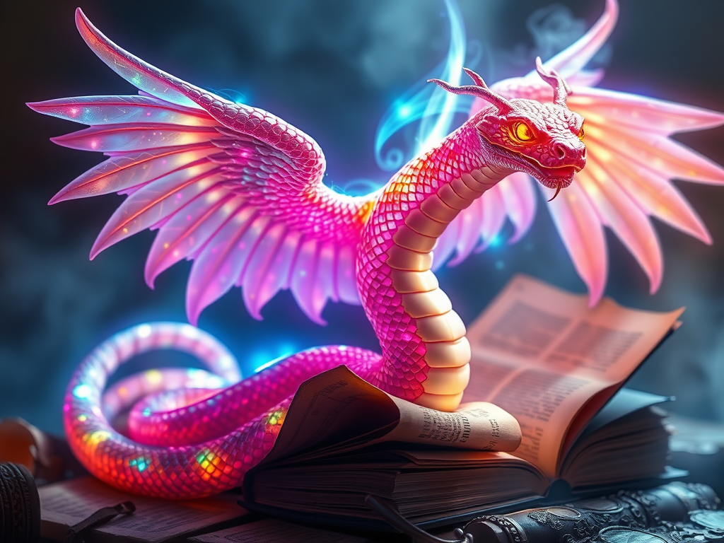 Winged Snakes: Myths, Meaning, and Science 9 a glowing winged snake wrapped in ancient scrolls or books 1