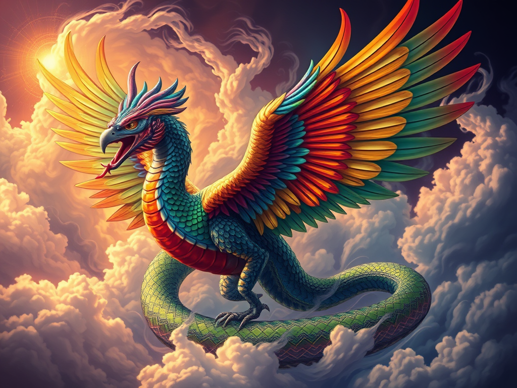 Winged Snakes: Myths, Meaning, and Science 4 a vibrant depiction of quetzalcoatl with a snakes body