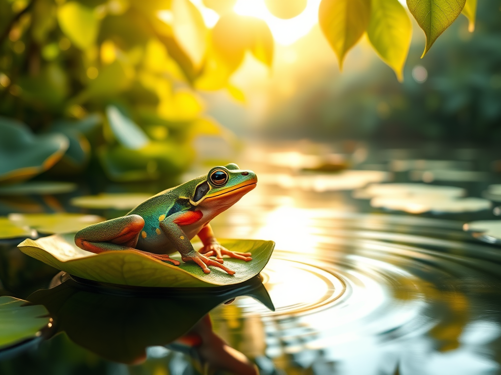 The Spiritual Significance of Frogs: Transformation and Renewal 7 create a high resolution highly detailed image of a serene pond