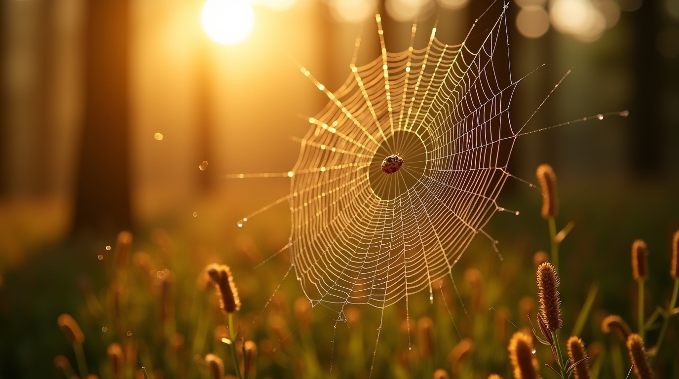 “Spider web sparkling with morning dew, symbolising patience and divine timing.”

