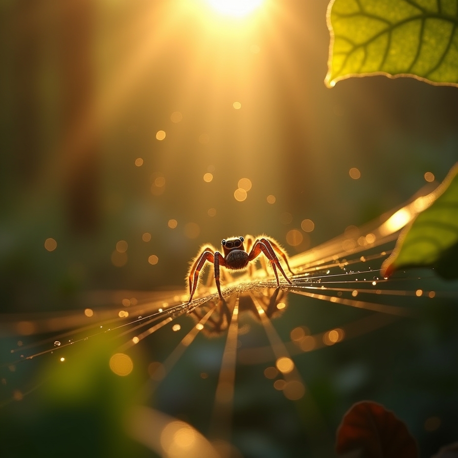 money spider crossing a glowing web symbolising luck, alignment and prosperity