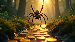 “Cultural folklore perspectives of money spiders shown with Celtic, Chinese, and Egyptian symbols woven into a spider web.”