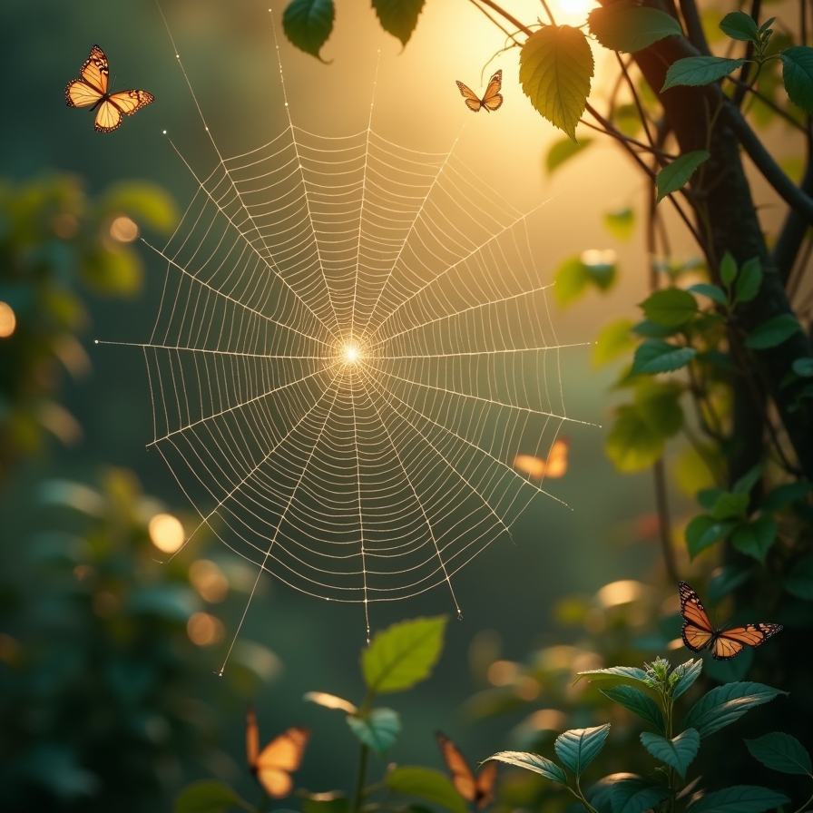 A glowing spider web suspended in a mystical garden, symbolising divine connection, spiritual abundance, and the weaving of destiny.