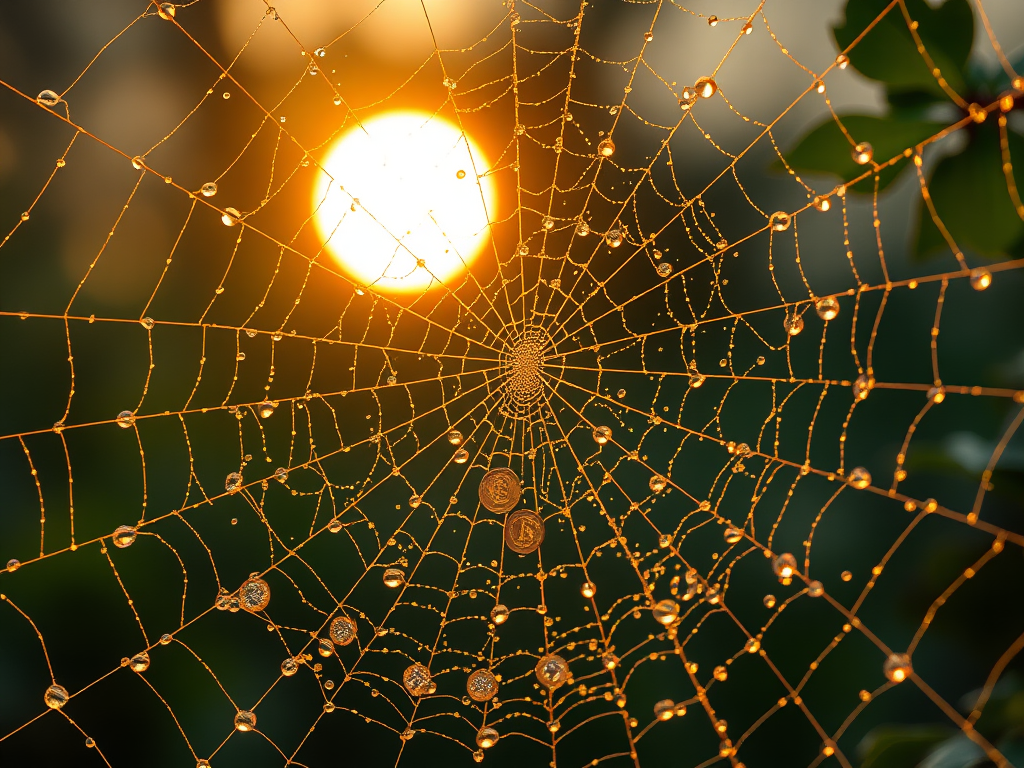 “Spider web sparkling with golden dew drops, symbolizing prosperity and abundance through intention and balance.”