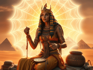 "Egyptian goddess Neith weaving glowing cosmic web"