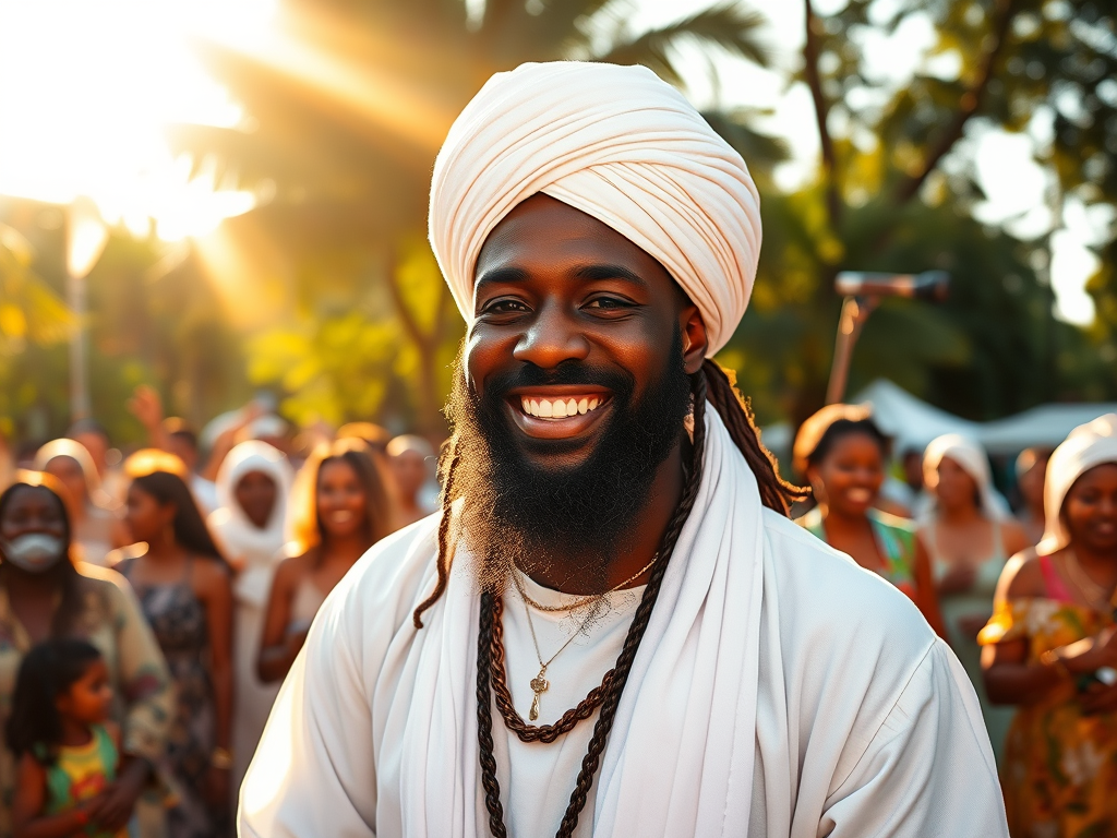 black handsome rasta man dressed in holy white atire with