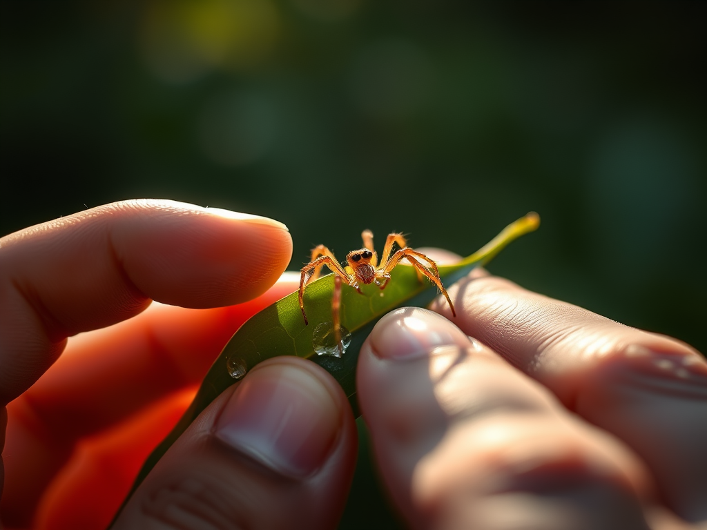 : "Gently guiding a spider on a leaf outdoors"