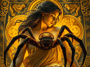 "Arachne transformed into a spider beside her woven tapestry"