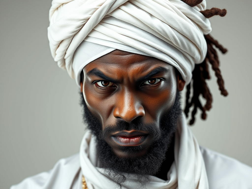 handsome black rastman dressed in holy white atire with turban 1