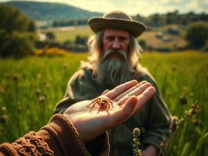 Celtic farmer smiling as a tiny spider crawls across his hand"
