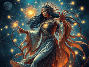 "Native American Spider Woman weaving glowing web of destiny"