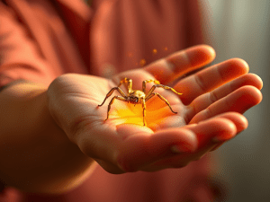 Person smiling with a small money spider on hand, symbolizing gratitude"
