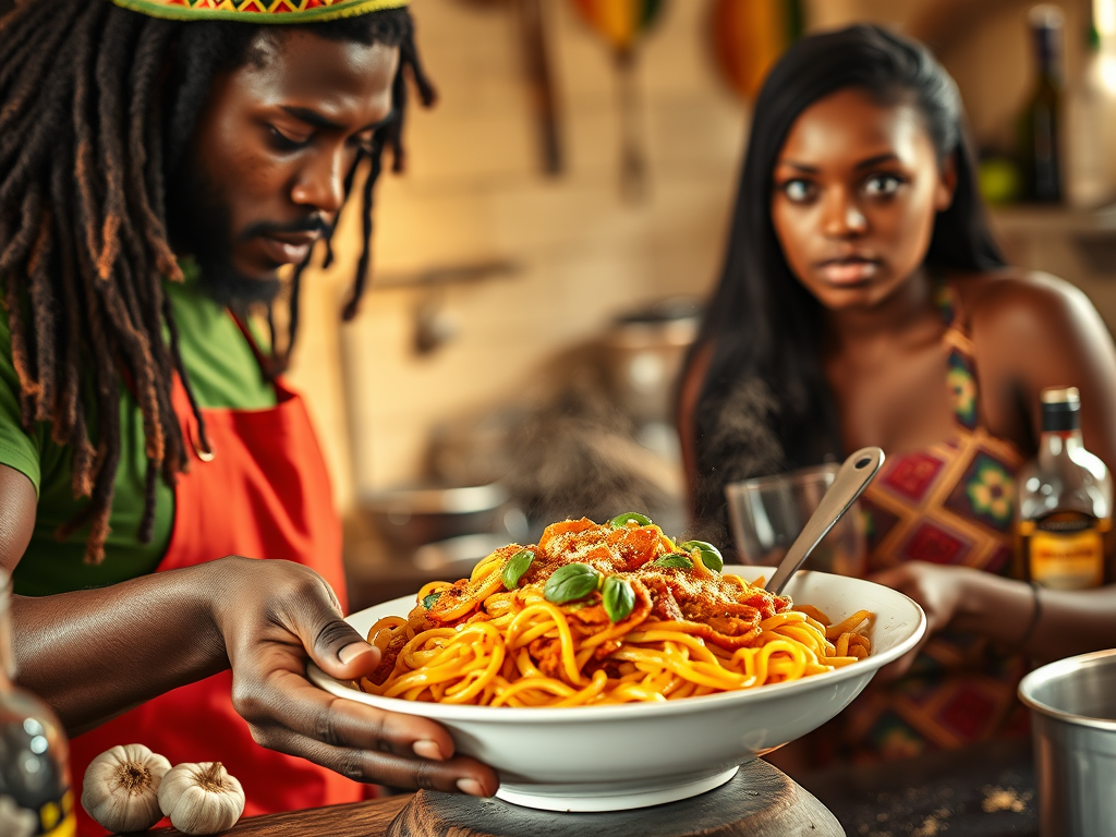 Delicious Rasta Pasta Recipe with Coconut Cream 3 rasta pasta dish with a black rasta man and his 5