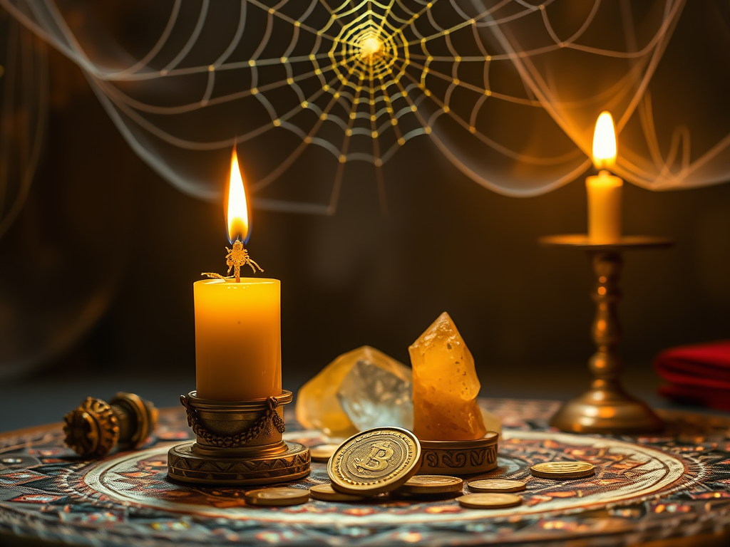Manifestation ritual with candle, crystal, and spider symbolism"