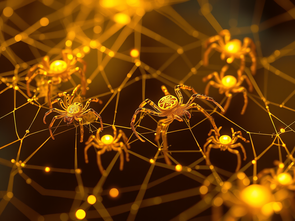 “Several glowing money spiders crawling across a golden web, symbol of multiplied blessings and abundance.”