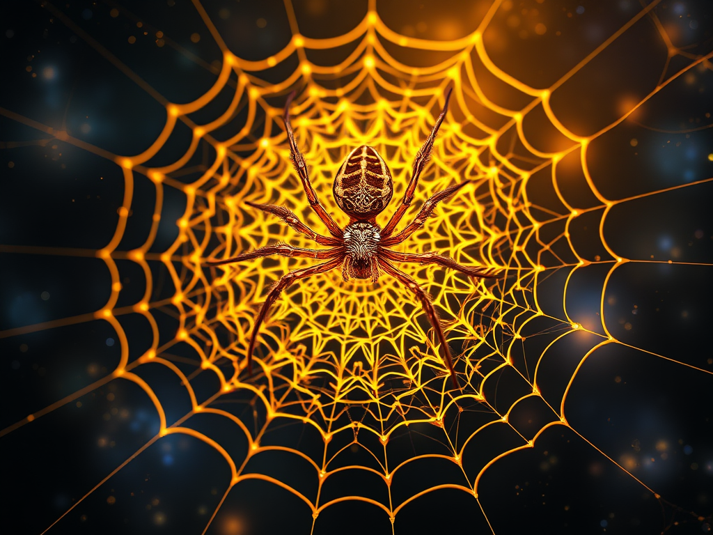 Spider weaving a glowing mandala-shaped golden web, representing manifestation and prosperity.”